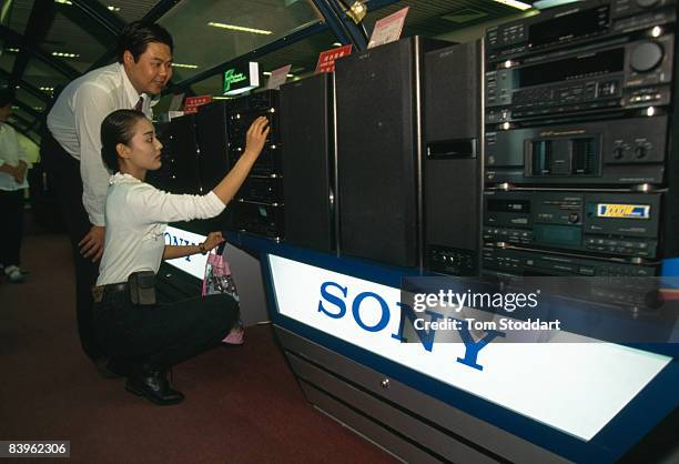 Sony sound systems on sale in a shop in China, 1993.