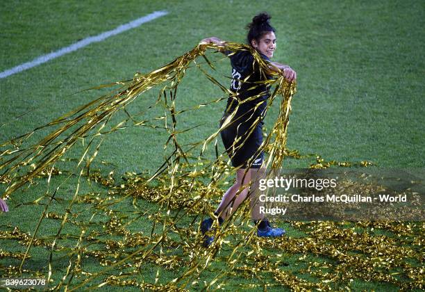 Victoria Subritzky-Nafatali of New Zealand celebrates following the Women's Rugby World Cup 2017 Final between England and New Zealand on August 26,...