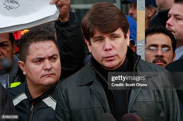Illinois Gov. Rod Blagojevich speaks to the media after visiting with workers occupying the Republic Windows and Doors factory December 8, 2008 in...