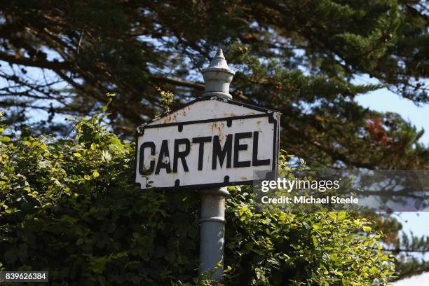 Detail shot of a Cartmel village sign at Cartmel Racecourse on August 26, 2017 in Cartmel, Cumbria.