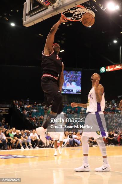 Al Harrington of Trilogy, dunks the ball against the 3 Headed Monsters during the BIG3 three on three basketball league championship game on August...