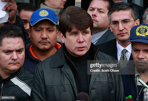Illinois Gov. Rod Blagojevich speaks to the media after visiting with workers occupying the Republic Windows and Doors factory December 8, 2008 in...