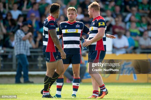 Tusi Pisi , Ian Madigan and Will Hurrell of Bristol during the Pre-Season Friendly match between Connacht Rugby and Bristol Rugby at the Sportsground...