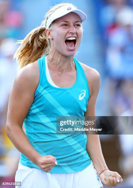 Daria Gavrilova of Australia celebrates after defeating Dominika Cibulkova of Slovakia to win the Connecticut Open at Connecticut Tennis Center at...