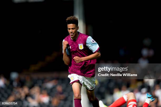 Harvey Knibbs of Aston Villa scores for Aston Villa during the Premier League 2 match between Fulham and Aston Villa at Craven Cottage on August 26,...