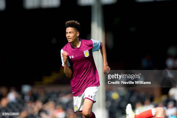 Harvey Knibbs of Aston Villa scores for Aston Villa during the Premier League 2 match between Fulham and Aston Villa at Craven Cottage on August 26,...