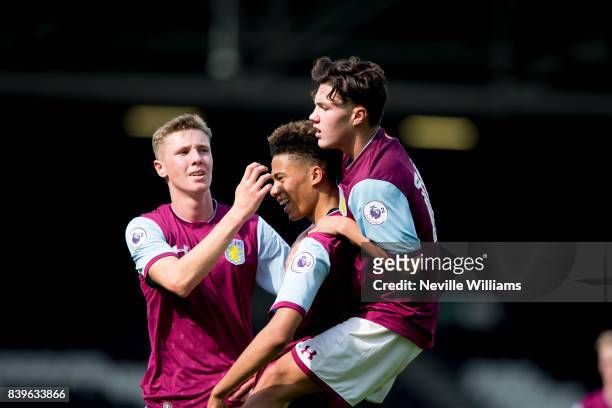 Harvey Knibbs of Aston Villa scores for Aston Villa during the Premier League 2 match between Fulham and Aston Villa at Craven Cottage on August 26,...