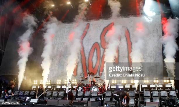 Brian Welch, Reginald Arvizu, Jonathan Davis, Ray Luzier and James Shaffer of Korn perform at Reading Festival at Richfield Avenue on August 26, 2017...