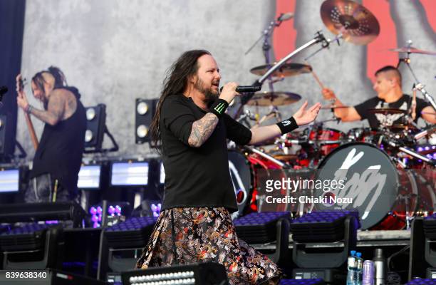 Reginald Arvizu, Jonathan Davis and Ray Luzier of Korn perform at Reading Festival at Richfield Avenue on August 26, 2017 in Reading, England.