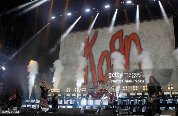 Brian Welch, Jonathan Davis, Refinald Arvizu, Ray Luzier and James Shaffer of Korn perform at Reading Festival at Richfield Avenue on August 26, 2017...
