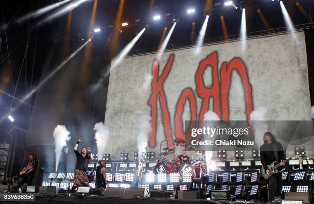 Brian Welch, Jonathan Davis, Refinald Arvizu, Ray Luzier and James Shaffer of Korn perform at Reading Festival at Richfield Avenue on August 26, 2017...