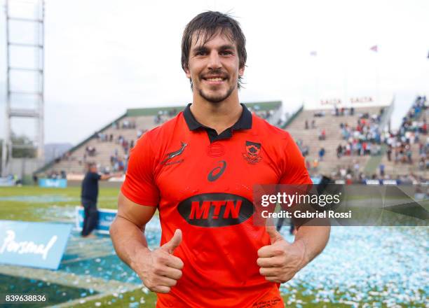 Eben Etzebeth of South Africa pose for a photo after winning the round two match between Argentina and South Africa as part of The Rugby Championship...