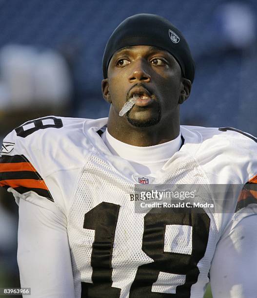 Donte' Stallworth of the Cleveland Browns during a NFL game against the Tennessee Titans at LP Field on December 7, 2008 in Nashville, Tennessee. The...