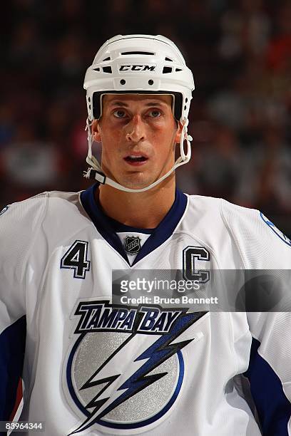Vincent Lecavalier of the Tampa Bay Lightning looks on during the game against the Philadelphia Flyers on December 2, 2008 at Wachovia Center in...