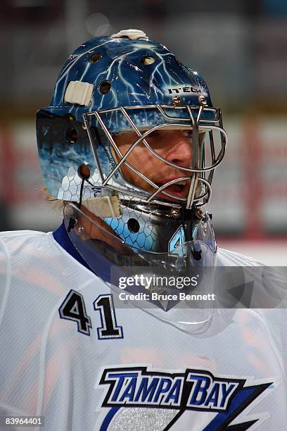 Mike Smith of the Tampa Bay Lightning looks on during the game against the Philadelphia Flyers on December 2, 2008 at Wachovia Center in...