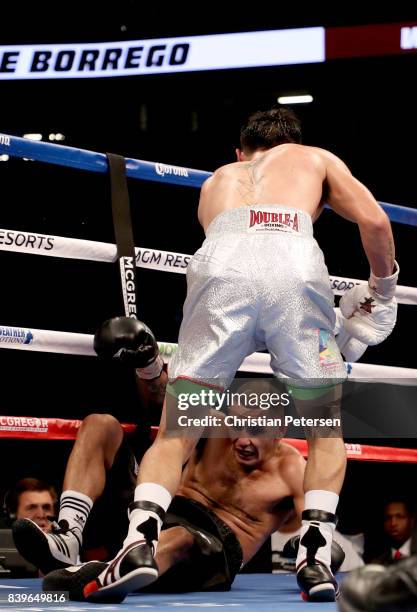 Juan Heraldez is knocked by down Jose Borrego during their welterweight bout on August 26, 2017 at T-Mobile Arena in Las Vegas, Nevada.