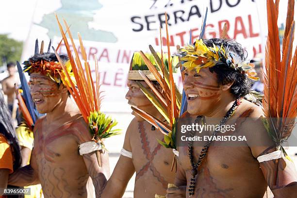 Brazilian natives from several tribes stand a protest in front of the Supreme Court in Brasilia on December 9, 2008. The country's supreme court will...