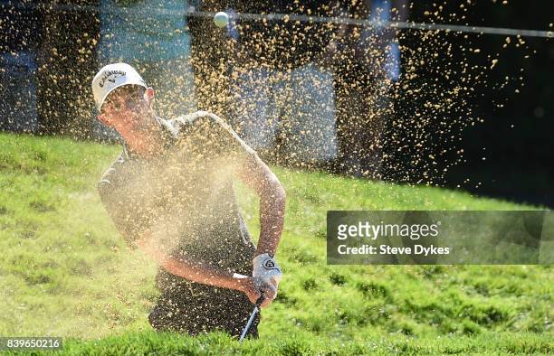 Aaron Wise hits out of a bunker on the third hole during round three of the WinCo Foods Portland Open at Pumpkin Ridge Golf Club - Witch Hollow on...