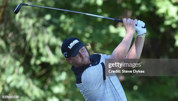 Brice Garnett hits his drive on the 17th hole during round three of the WinCo Foods Portland Open at Pumpkin Ridge Golf Club - Witch Hollow on August...