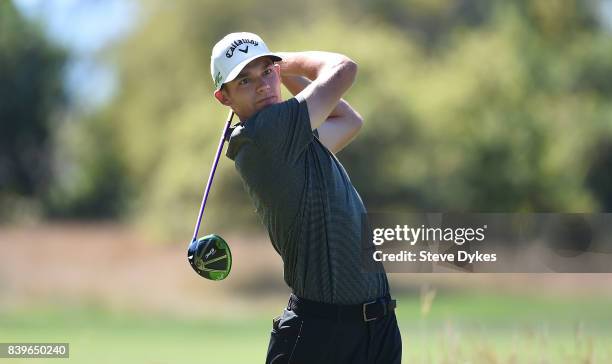 Aaron Wise hits his drive on the third hole during round three of the WinCo Foods Portland Open at Pumpkin Ridge Golf Club - Witch Hollow on August...