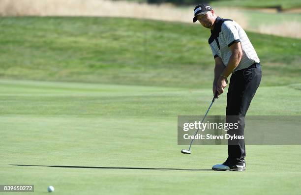 Brice Garnett hits his drive on the 17th hole during round three of the WinCo Foods Portland Open at Pumpkin Ridge Golf Club - Witch Hollow on August...