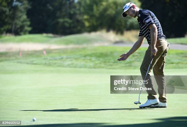 Bronson Burgoon reacts to missing his birdie putt on the 16th hole during round three of the WinCo Foods Portland Open at Pumpkin Ridge Golf Club -...
