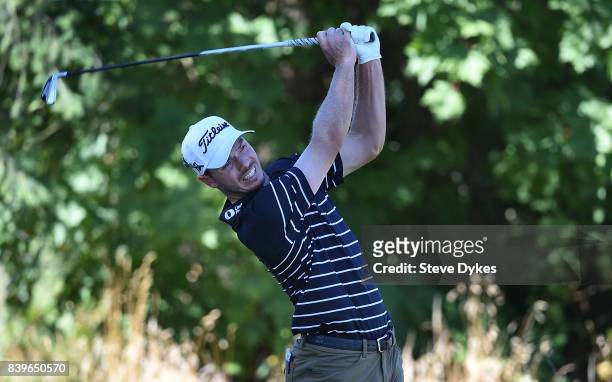 Bronson Burgoon hits his drive on the 17th hole during round three of the WinCo Foods Portland Open at Pumpkin Ridge Golf Club - Witch Hollow on...