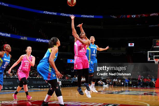 Ivory Latta of the Washington Mystics shoots the ball during the game against the Dallas Wings during a WNBA game on August 26, 2017 at the Verizon...