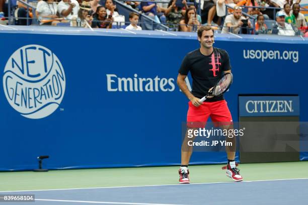 Roger Federer participates in the 22nd Annual Arthur Ashe Kid's Day event at the USTA Billie Jean King National Tennis Center on August 26, 2017 in...