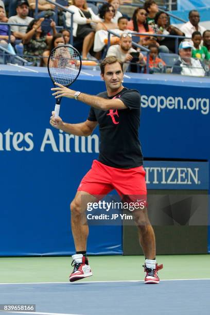 Roger Federer participates in the 22nd Annual Arthur Ashe Kid's Day event at the USTA Billie Jean King National Tennis Center on August 26, 2017 in...