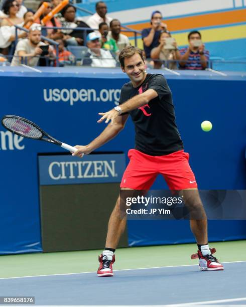 Roger Federer participates in the 22nd Annual Arthur Ashe Kid's Day event at the USTA Billie Jean King National Tennis Center on August 26, 2017 in...