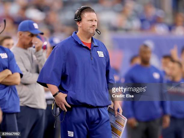 Head coach Ben McAdoo of the New York Giants looks on during the game against the New York Jets during a preseason game on August 26, 2017 at MetLife...