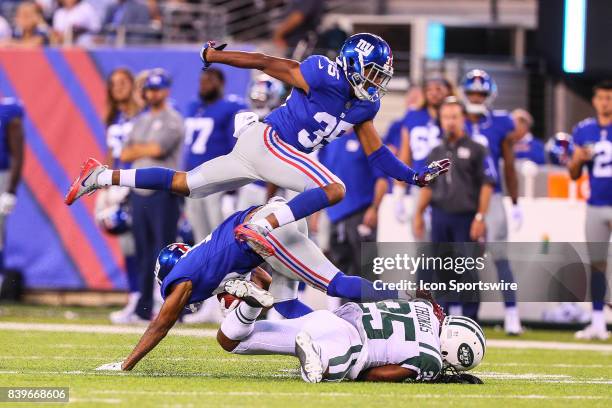 New York Giants wide receiver Travis Rudolph runs with the football during the second quarter of the National Football League preseason game between...