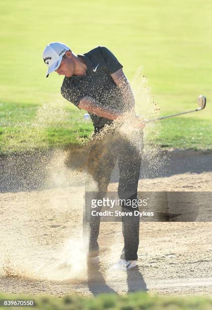 Aaron Wise hits hits out of a bunker on the 14th hole during round three of the WinCo Foods Portland Open at Pumpkin Ridge Golf Club - Witch Hollow...