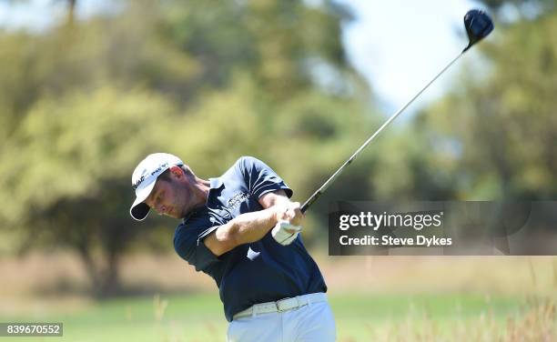 John Merrick hits his drive on the third hole during round three of the WinCo Foods Portland Open at Pumpkin Ridge Golf Club - Witch Hollow on August...