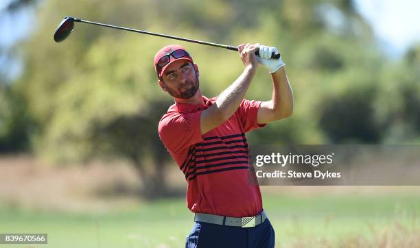 Andy Pope hits his drive on the third hole during round three of the WinCo Foods Portland Open at Pumpkin Ridge Golf Club - Witch Hollow on August...