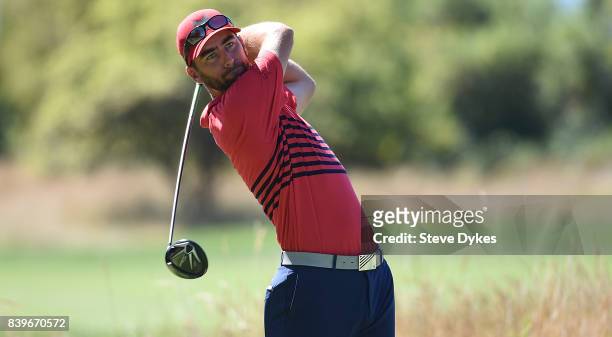 Andy Pope hits his drive on the third hole during round three of the WinCo Foods Portland Open at Pumpkin Ridge Golf Club - Witch Hollow on August...