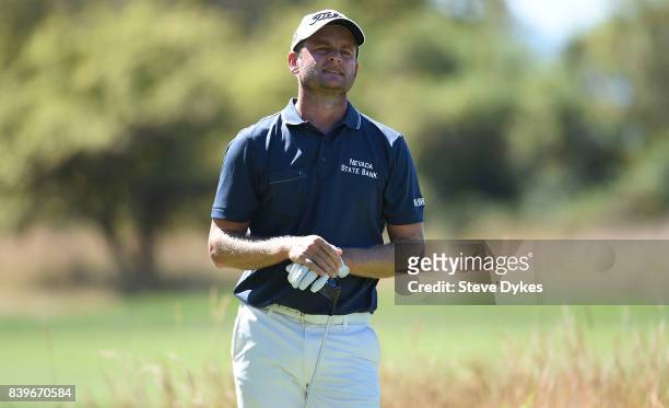 John Merrick watches his drive on the third hole during round three of the WinCo Foods Portland Open at Pumpkin Ridge Golf Club - Witch Hollow on...