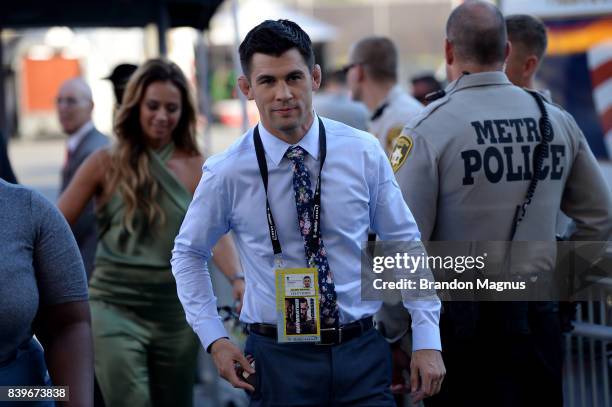 Dominick Cruz arrives for the super welterweight boxing match between Floyd Mayweather Jr. And Conor McGregor on August 26, 2017 at T-Mobile Arena in...