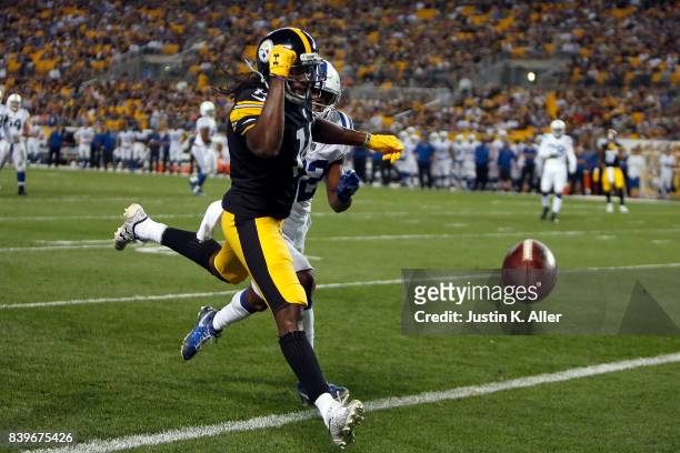 Sammie Coates of the Pittsburgh Steelers can't pull in a pass against Tyson Graham of the Indianapolis Colts during a preseason game on August 26,...