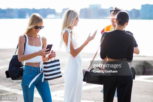 Models Nadine Leopold, Devon Windsor and Shanina Shaik are seen in Chelsea on August 26, 2017 in New York City.