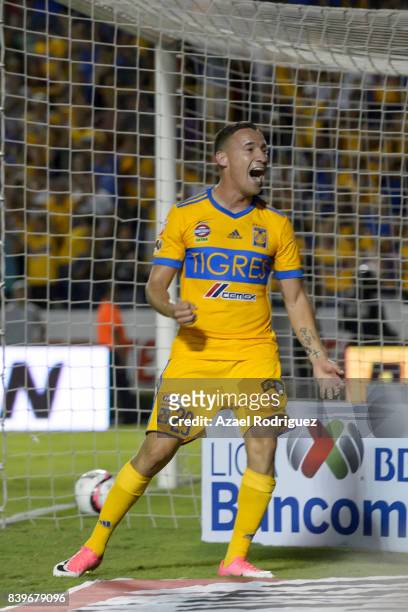 Jesus Dueñas of Tigres celebrates after scoring his team's third goal during the seventh round match between Tigres UANL and Lobos BUAP as part of...