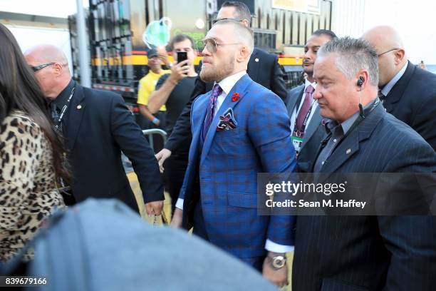 Conor McGregor arrives for his super welterweight boxing match against Floyd Mayweather Jr. On August 26, 2017 at T-Mobile Arena in Las Vegas, Nevada.