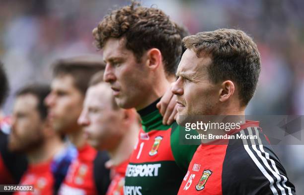 Dublin , Ireland - 26 August 2017; Andy Moran of Mayo and his team-mates stand for the national anthem before the start of the GAA Football...