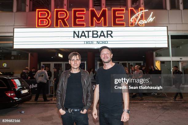 Danish musicians Rene Munk Thalund and Kristian Riis pose for a photo under the Bremen Teater marquis at the True Nord band "Feels So Nice" Single...