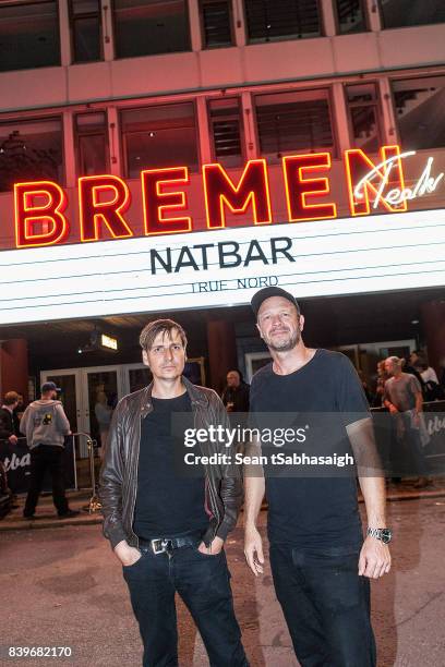 Danish musicians Rene Munk Thalund and Kristian Riis pose for a photo under the Bremen Teater marquis at the True Nord band "Feels So Nice" Single...