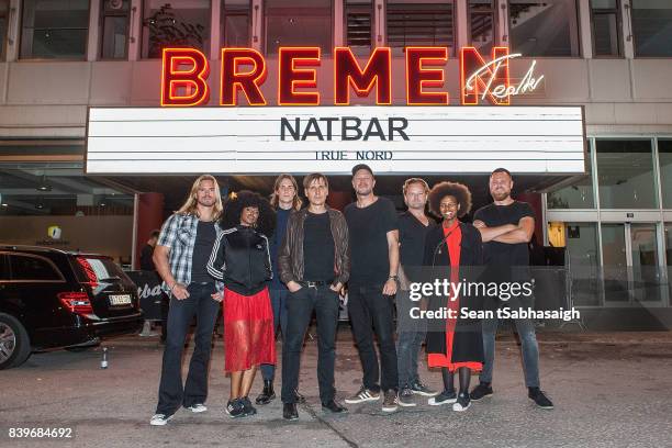 Musicians Rene Munk Thalund and Kristian Riis pose with supporting musicians drummer David Park, singer Iris Gold, musician Mathias Bertelsen, VJ...