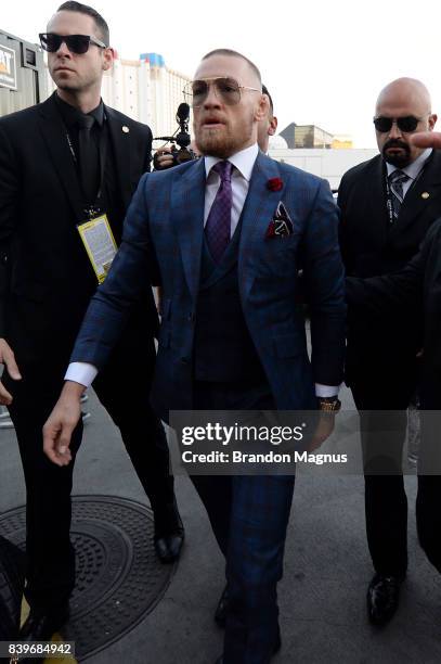 Conor McGregor arrives for his super welterweight boxing match against Floyd Mayweather Jr. On August 26, 2017 at T-Mobile Arena in Las Vegas, Nevada.