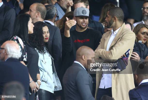 Champions Stephen Curry of Golden State Warriors and Nicolas Batum of Charlotte Hornets with their wives Ayesha Curry and Aurelie Etchart attend the...