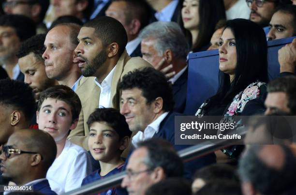 Nicolas Batum of Charlotte Hornets and his companion Aurelie Etchart attend the French Ligue 1 match between Paris Saint Germain and AS Saint-Etienne...